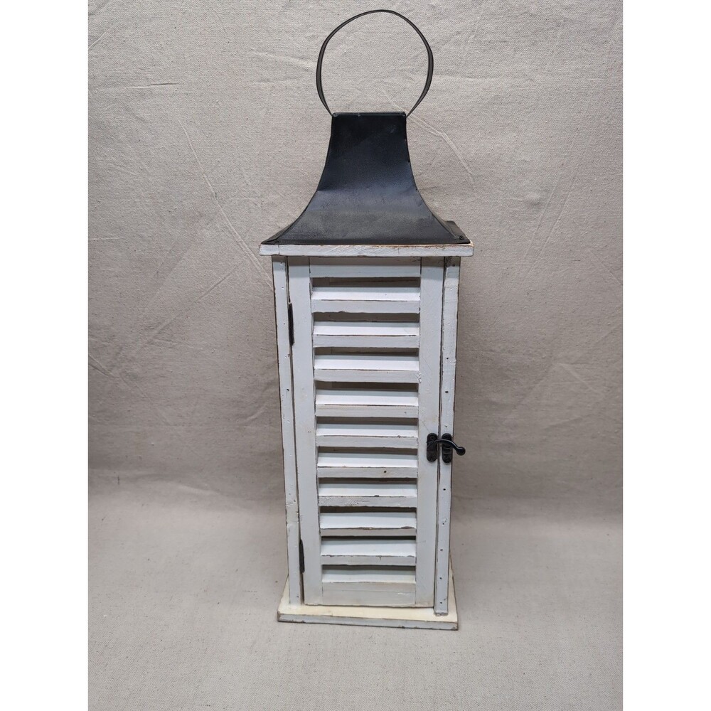 Glitzhome Farmhouse Lantern Candle  Wash-white Wooden Shutter With Dark Metal 21
